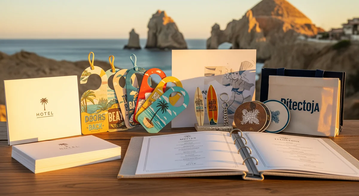 Materiales de publicidad personalizados para hoteles de lujo en Cabo San Lucas: menús, door hangers, llaveros y bolsas con el Arco de fondo, por Meridiano 109